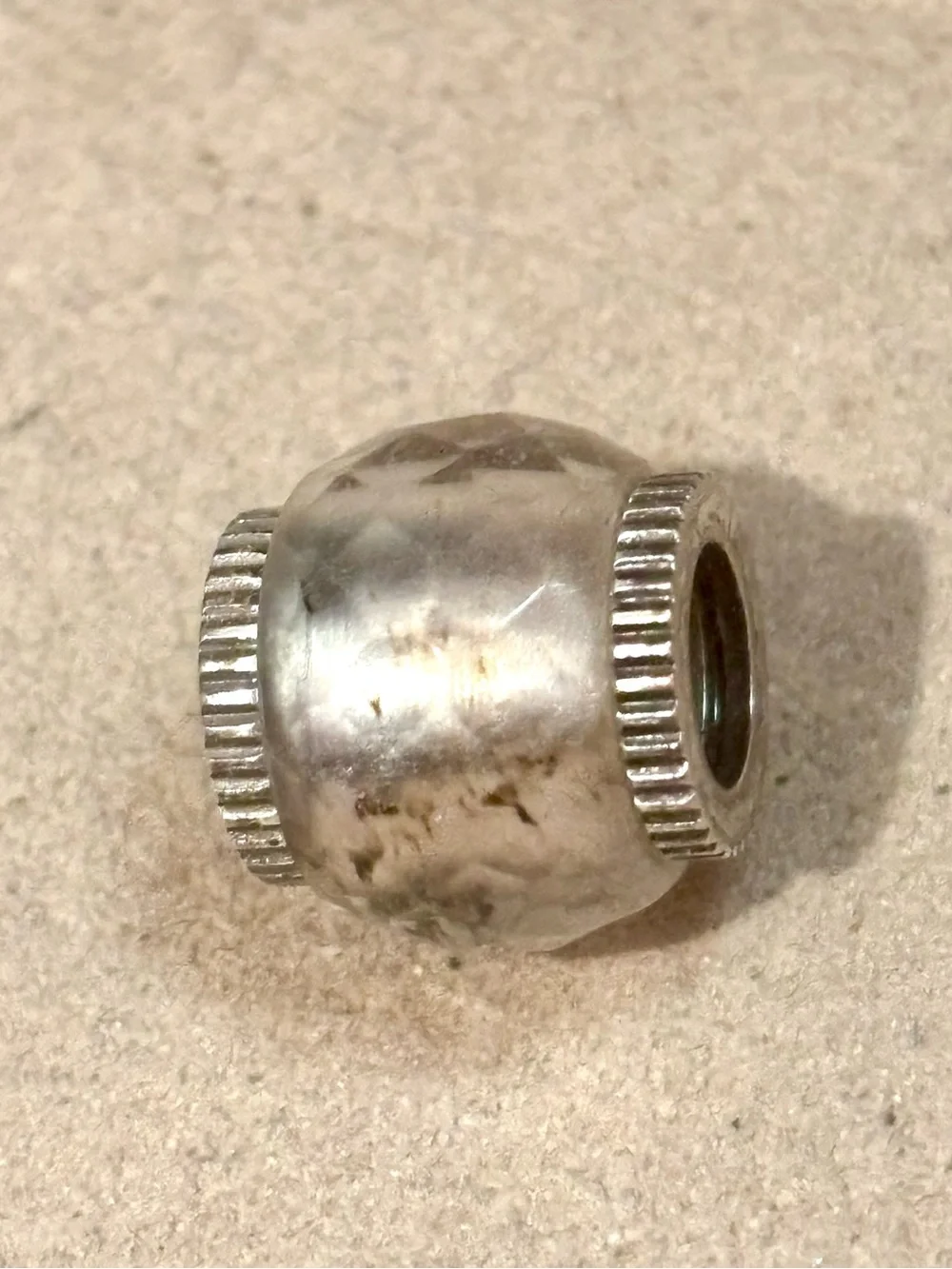 Brighton Glass bead in Marble Milky white with black swirls Silver edges Retired